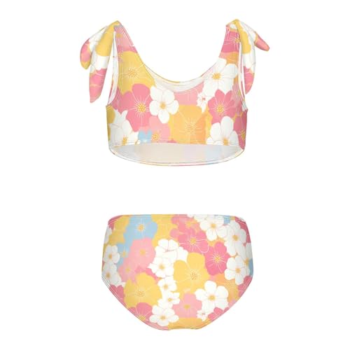 Flower Pink Yellow Girl Two Piece Kids Bikini Set Scoop Neck Swimsuits Swimming Suits Cute Shoulder Strap2