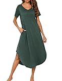 Marvmys Cotton Long Nightshirt for Women Plus Size Short Sleeves Maxi Nightgown with Pocket(Dark Green,XX-Large)