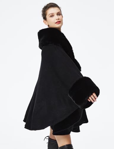 BEAUTELICATE Women Faux Fur Shawl Winter Wrap Sleeveless Coat Cape with Fur Trim Cardigan Cloak2