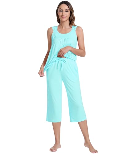 Image of NACHILA Pajamas for Women-Viscose Made from Bamboo, Sleeveless Pjs Top and Capri Pants Pajama Set Cool Pleated Sleepwear