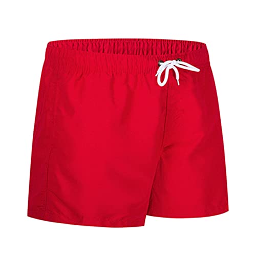 Mens Elastic Waist Swim Trunks Solid Volley Swimwear Bathing Suit Boardshort Drawstring Athletic Beach Shorts (Red 1,Medium)