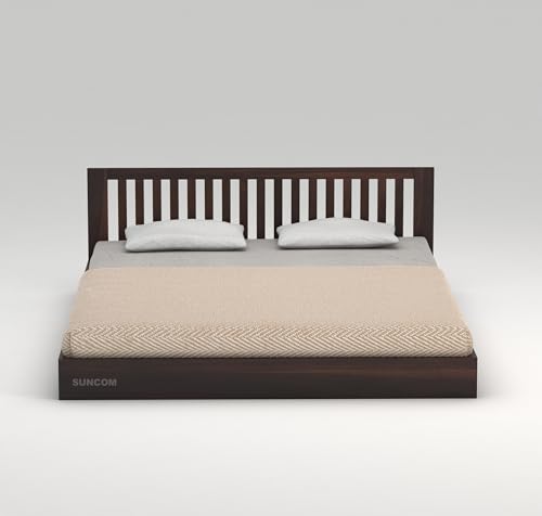 Image of SUNCOM Wooden Low Height Queen Size Bed Without Storage - Wooden Platform Double Bed - Space Saving Low Floor /Lying /Rise /Level /Profile Cot Bed for Bedroom - Basic Headboard (Walnut Finish)