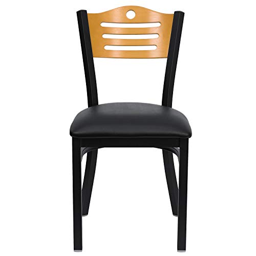 Image of Flash Furniture HERCULES Series Black Slat Back Metal Restaurant Chair - Natural Wood Back, Black Vinyl Seat