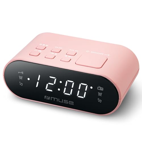 MUSE DUALER WECKER Radio PLL in Rosa, Handlicher UKW-PLL-Radio mit Dual-Alarm, LED Anzeige, 24-Stunden-Dimmer und Batterie-Backup