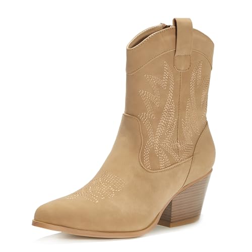 Image of PEPPEP Western Cowgirl Cowboy Ankle Boots for Women or Ladies, Mid Calf, Vegan Leather Embroidered Upper, Low Heel, Fashionable Pointed-toe, Well Made