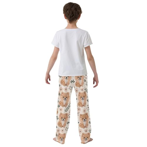 Pomeranian Floral Boys Long Pants Soft Trousers Elastic Waist Kids Lounge Bottoms with Pockets S-XL3