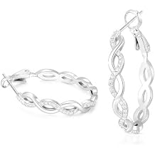 Sterling Silver Hoop Earrings for Women Silver Hoop Earrings White Gold Plated Medium 30mm Twisted Hoops with Cubic Zirconia and Nickel Lightweight for Sensitive Ears