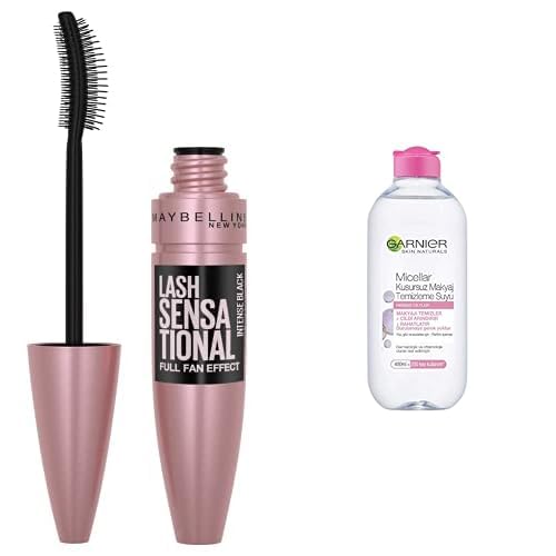 Maybelline New York Lash Sensational Yelpaze Etkili Intense Black Maskara - Ekstra Siyah 1 Paket (1 x 9.5 ml) + Garnier Skin Naturals Micellar Kusursuz Makyaj Temizleme Suyu (400 ml)