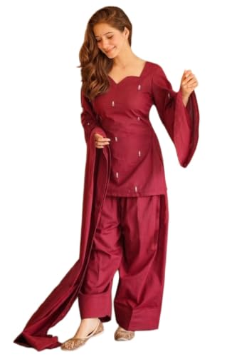 Image of ANNI Designer Women's Cotton Blend Embroidered Straight Kurta with Farshi Salwar and Dupatta | Ethnic Kurta Set for Women Stylish Indian Outfit Designer Suit Set Ethnic Clothing Collection