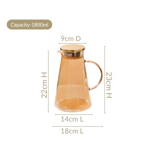 Image of Nestasia Transparent Amber Glass Jug with Steel Lid (1800 ml) - Heat Resistant Carafe with Dual Opening Strainer Lid - Dishwasher Safe Glass Pitcher for Water, Juice, Hot & Cold Beverages