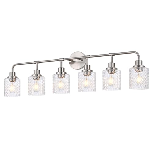 BONLICHT Transitional 6 Light Brushed Nickel Bathroom Light Modern Vanity Lighting Fixture Over Mirror with Hammered Glass Indoor Wall Sconce Light Contemporary Wall Mount Lamp for Kitchen Bath Office by BONLICHT - Used condition - US$183.99