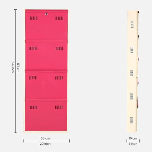 Image of Metal Shoe Rack Wall Mounted for Home with Central Locking 4 Door 20 inch Wall Mounted Metal 8 Pair Shoe Rack Cabinet Pre-Assembled Rack Shelves 3 Year Warranty (Pink & Ivory)