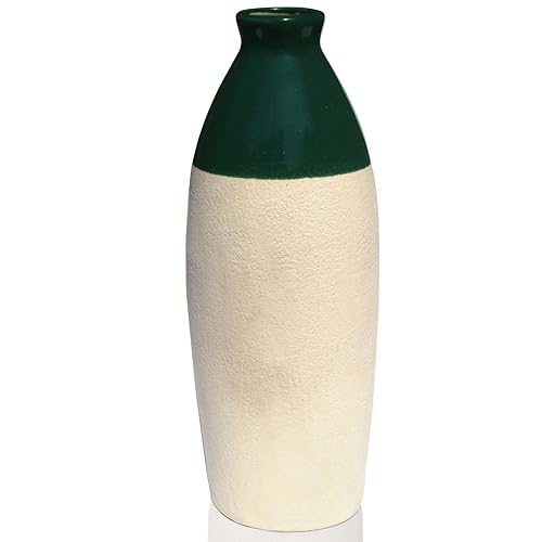 Image of Pure Source India Handcrafted Dark Green Ceramic Bottle-Shaped Flower Vase (9.75 Inches) for Home Decor, Living Room, Gifting, Decorative Small Vase (Flower NOT Included)