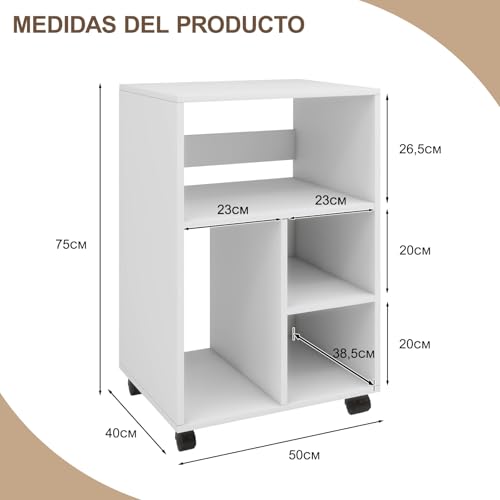 PUNCIA Mueble para Impresora con Ruedas Archivador Auxiliar Oficina de Madera con 4 Estantes Ajustables Mesa de Impresora Armario Móvil para Documentos DIN A4 Carro de Despacho Estudio Blanco - imagen 2