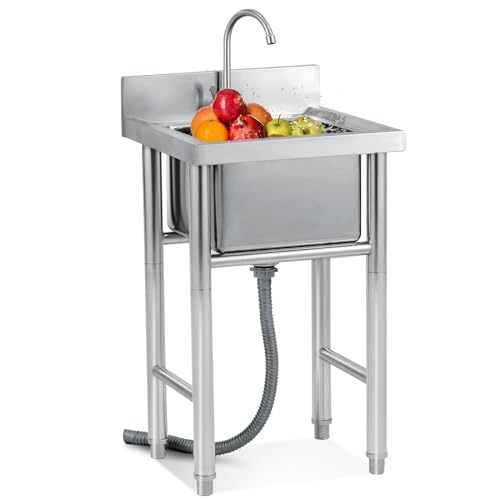 ZQFHSX Fregadero utilitario de un Solo Seno de Acero Inoxidable para Cocina Comercial con Grifo para lavandería, Patio Trasero, Garaje, Camping, estación de Lavado de Manos en el Patio TR