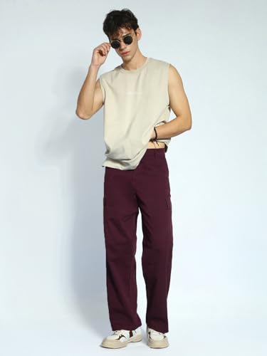 Image of Urbano Fashion Men's Loose Baggy Fit Solid Cargo Chino Trouser Pant with 6 Pockets Non-Stretchable