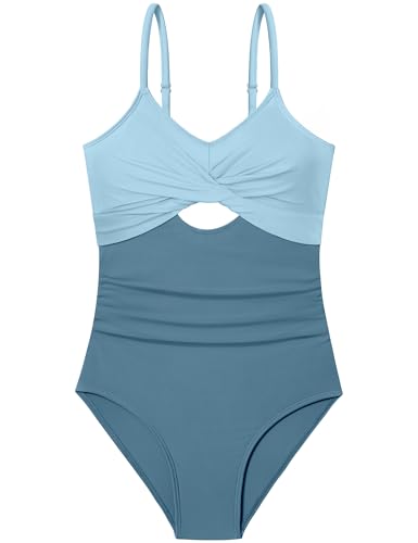 WIQI Girls Swimsuits Bathing Suits One Piece Swimsuit for Girls Twist Front Cutout Adjustable Straps Ruched Teen Swimwear Size 12-14 Light Blue