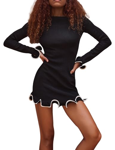 Image of ISZPLUSH Women's Sexy Bodycon Ruffle Hem Knit Dress Crew Neck Long Sleeve Slim Club Party Mini Dress