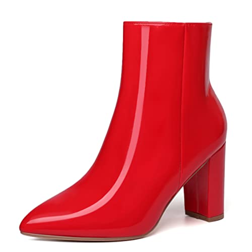 Jiu du Ankle Boots for Women Chunky Heel GoGo Boots Pointed Toe Side Zipper Dressy Go Go Short Booties