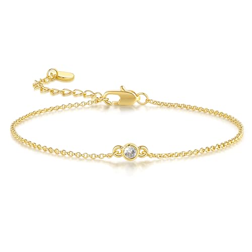 14K Gold Bracelets for Women Thin Gold Bracelets for Women Link Bracelet Simple Style with Solitaire Cubic Zirconia O-Chain Thin Chain Bracelet for Womens Adjustable Size (7-8.6) in