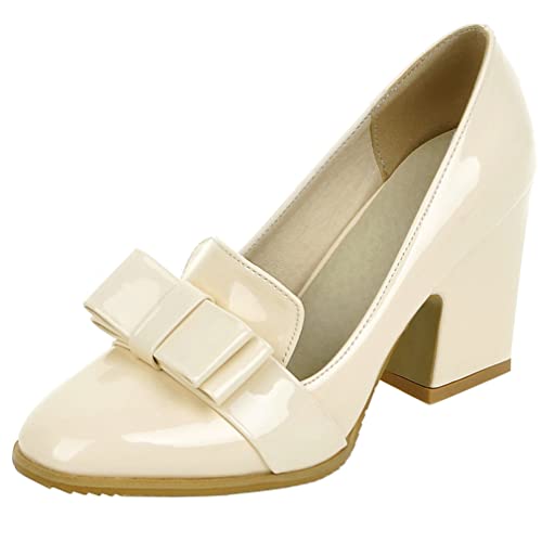 KISSASA Womens Patent Leather Chunky Heeled Bow Loafers Square Toe Block Heel Pumps