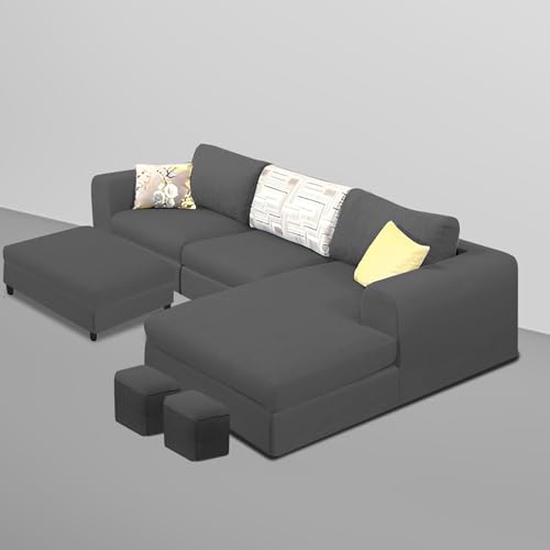 Image of Koza RHS 4 Seater L Shape Sofa Set with Center Table for Living Room (Black Fabric) Premium Fabric Sofa