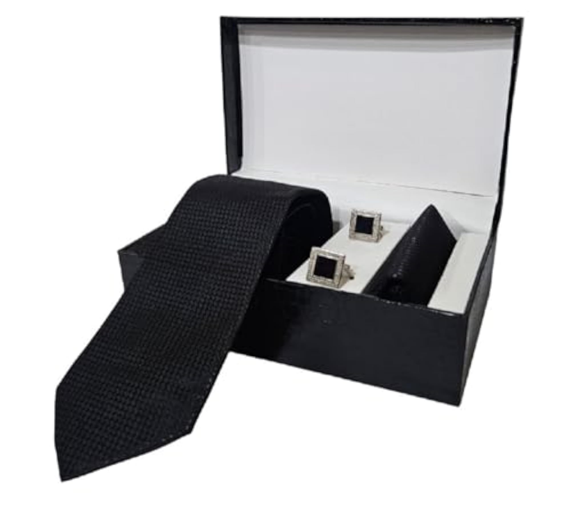 Checkered Self Italian Silk Tie and Pocket Square Combo with Brass Cufflinks