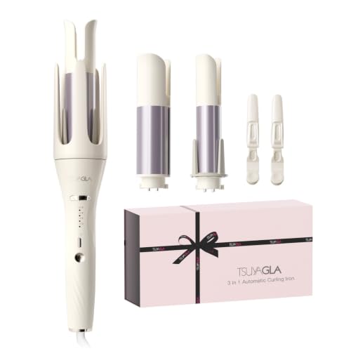 Image of 3 in 1 Automatic Curling Iron, Hair Curlers with 3 Curling Barrels (1 inch - 1.25 inch - 1.5 inch), Rotating Curling Iron with 3 Temp, 2-Way Rotation, 10S Fast Heating, Anti-Scald, Dual Voltage, White