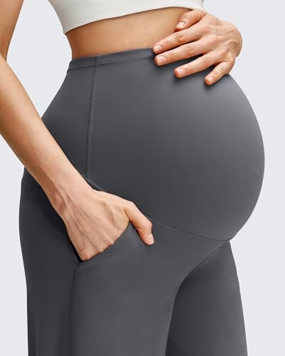 Image of G4Free BareFeel Maternity Pants Over the Belly Pregnancy Trousers for Work | High Waist Coverage,Two Side Pockets,Wide Leg Design,Soft Knit Fabric,for Dress Casual Yoga