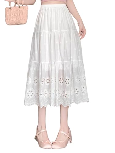 ebossy Womens Boho Eyelet Embroidery Cotton Skirt Elastic High Waisted Flowy Tiered A-Line Midi Long Skirts