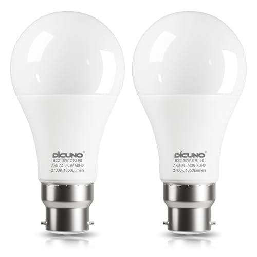 DiCUNO Lampadina LED B22, 15W equivalente a 100W alogena, Bianco caldo 2700K, 1350lm, CRI 90, Non dimmerabile, Lampadina baionetta LED B22 standard per illuminazione domestica, 2 Pezzi
