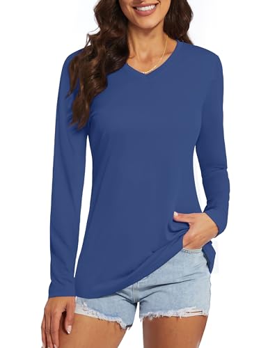 Long Sleeve Workout Tops for Women Running Athletic Active Shirts Lightweight Moisture Wicking V Neck Bluegrey S
