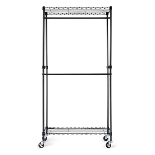 Image of Amazon Basics Adjustable Double Rod Rolling Garment Rack, Hanging Clothes Closet Organizer with Wheels, Heavy Duty, 36 inch x 14 inch x 72 inch, Black