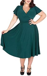 Nemidor Women's V-Neckline Stretchy Casual Midi Plus Size Vintage Dress (24W, Green)