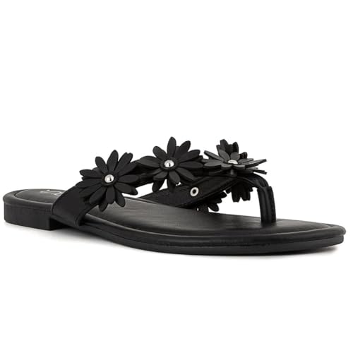 Sugar Women’s Vegan Leather Flip Flops with Embellished Floral Design – Dressy Thong Sandals, Perfect for Casual, Beach, or Pool Wear