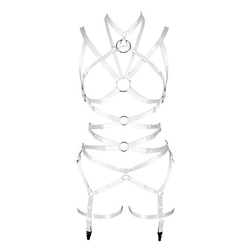 Women's Punk Harness Body Full Strappy Waist Belts EDC Dance Rave Wear (White)