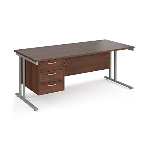 Mr Office Maestro 25 straight desk 800mm deep with 3 drawer pedestal - silver cantilever leg frame, 1800, Walnut