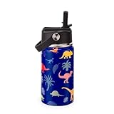 12oz Kids Insulated Water Bottle with Flip Straw & Big Handle, Jungle Dinosaurs, Double Wall 18/8 Stainless Steel, Leakproof Gift for Kids Boys Girls to School Travel Sports, Hands Wash Only, Blue