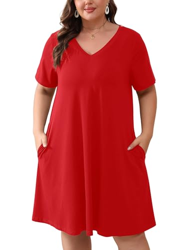 Image of AusLook Plus Size Midi Dress for Women Loose V Neck Short Sleeve Summer Casual A Line T Shirt Sundresses with Pockets 1X-5X