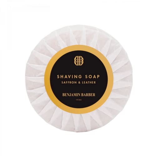 Benjamin Barber Premium Rasierseife Saffron & Leather mit maskulinem Duft - Vegane, handgefertigte Seife für die Rasur mit Rasierhobel & Rasiermesser 100g (1er Pack)