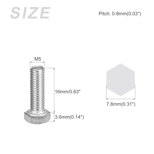 Image of METALLIXITY Hex Bolts (M5-0.8x16mm) 30Pcs, 304 Stainless Steel Coarse Fully Threaded Hex Head Screw Bolt Machine Screws - for Furniture Repair, Silver