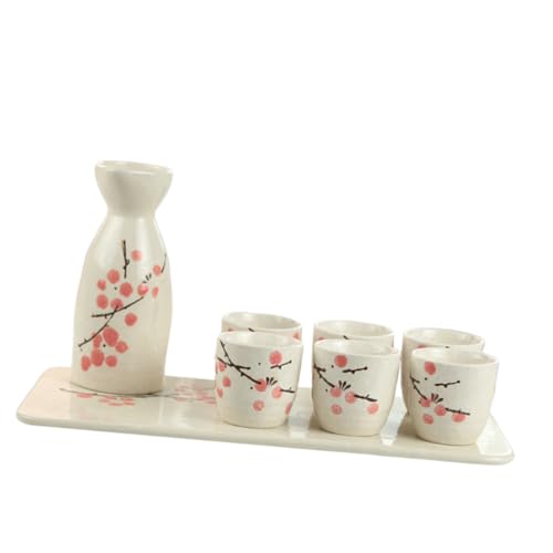 Mobestech 日式彩陶セラミック酒器 壺杯皿 赤梅柄 温酒器付き 和風おちょこ徳利 熱燗対応 酒アクセサリー 家用 居酒屋向け
