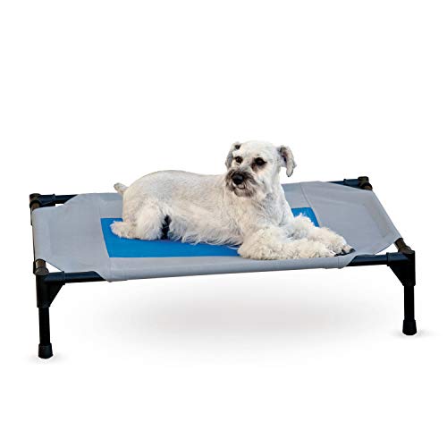 K&H Pet Products Coolin' Pet Cot, Outdoor Cooling Elevated Dog Cot for Medium Dogs, Raised Bed with Cool-Core Center, Portable Pet Platform with Heavy-Duty Metal Frame - Medium Gray/Blue