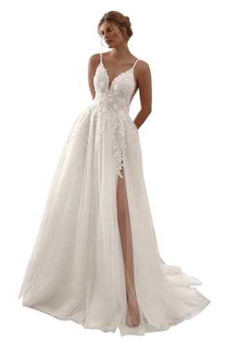 Tulle Lace Applique Wedding Dresses for Bride 2025 Off Shoulder A-Line V-Neck Sparkly Bridal Gowns with Train