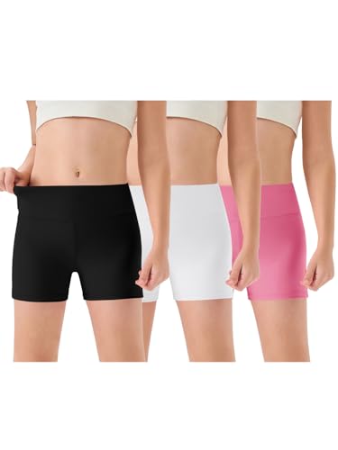 Haloumoning 3 Pack Girls Athletic Shorts Kids High Waisted Gymnastics Yoga Dance Biker Shorts 5-14 Years