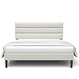 BONSOIR Bed Frame Modern Horizontal Panel Upholstered Low Profile Platform with Tufted Headboard/No Box Spring Needed/No Bed Skirt Needed/Linen Fabric Upholstery/Beige (Queen Size)