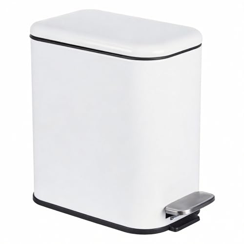 Image of GarveeHome 1.3 Gal Slim Trash Can, Step Garbage Can with Soft-Close Lid, Stainless Steel Recycling Bin Waste Container with Removable Inner Bucket for Kitchen, Bathroom, Office, White