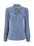 Hobemty Women's Work Blouse Bowtie Long Sleeve Office Bow Tie Shirt XX-Large Dusty Blue
