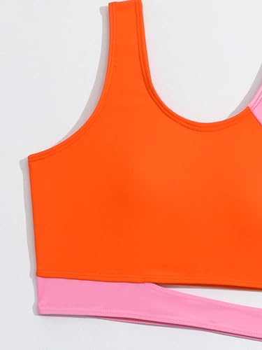 Image of Milumia Girl's 2 Piece Swimsuits Color Block Cut Out Sport Swimwear Bathing Suits Green and Orange 8Y