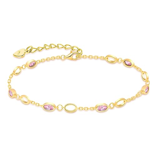 RIVIKO Birthstone Bracelets for Women,925 Sterling Silver Gold Plated Dainty Women Charm Link Bracelet,Adjustable Anniversary Jewelry Chrismas Birthday Mothers day Gifts for Mom Her Wife Friend Lady